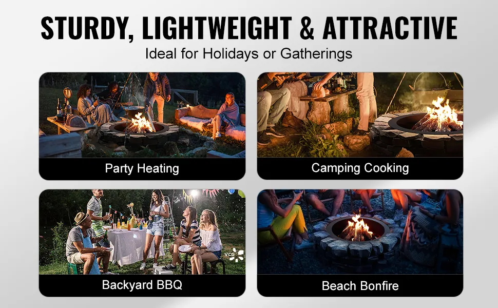 VEVOR fire pit ring used for party heating, camping cooking, backyard bbq, and beach bonfire.