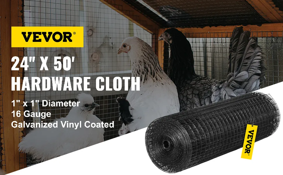 VEVOR welded wire fence showcasing a black roll of hardware cloth near chickens.