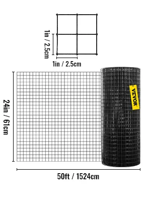 VEVOR welded wire fence, 24in height, 50ft length, 1in grid squares.