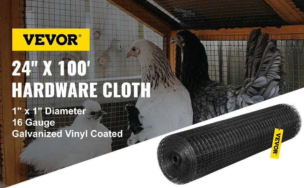 VEVOR hardware cloth 24"x100' roll with chickens in a coop, 1"x1" diameter, galvanized.