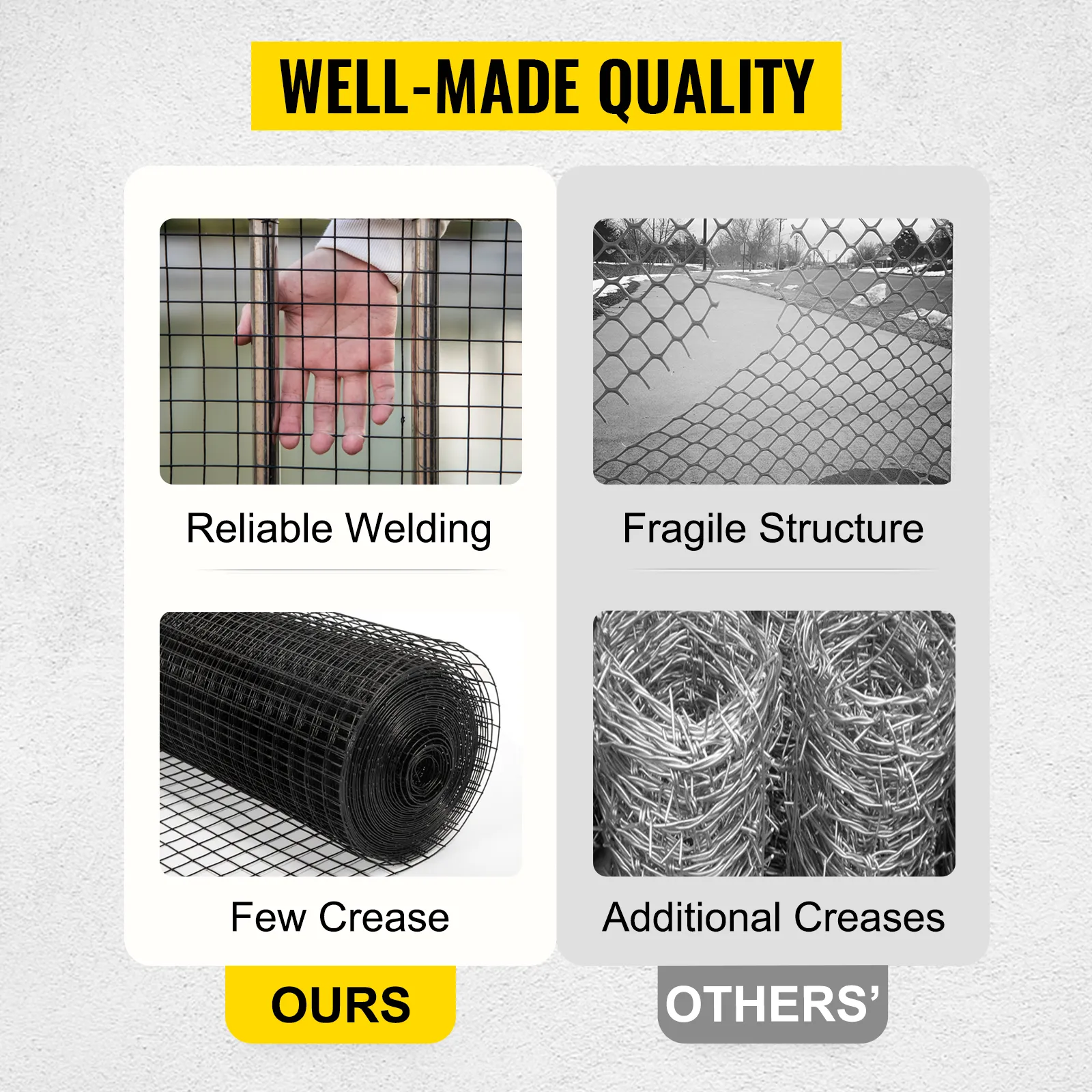 VEVOR hardware cloth comparison: reliable welding and few creases vs fragile structure.