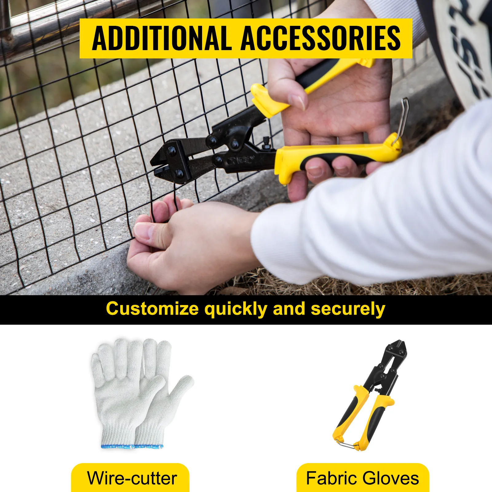 hands using yellow wire cutter on VEVOR hardware cloth, fabric gloves shown nearby.