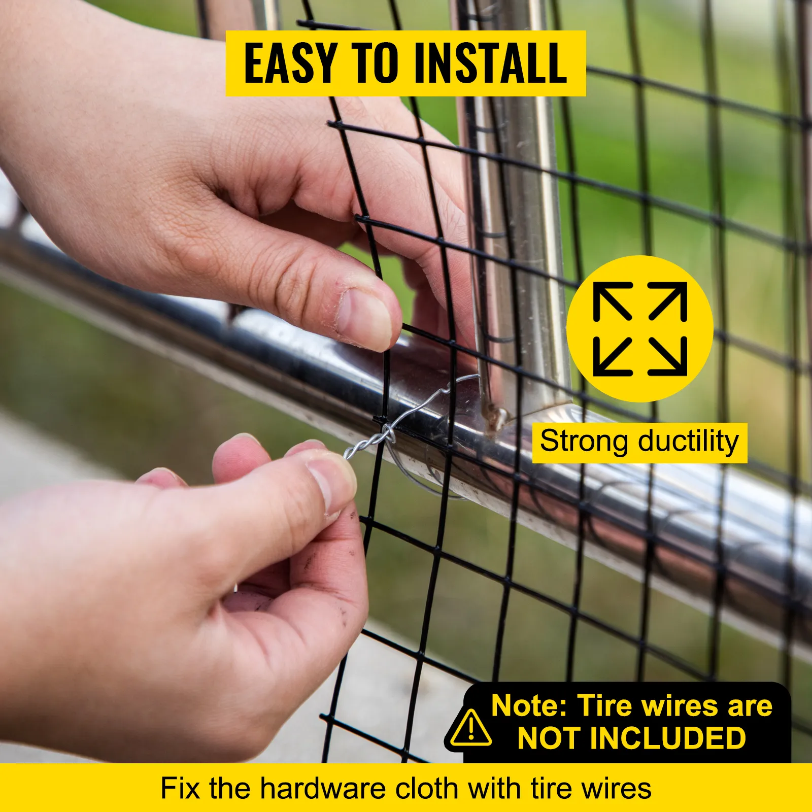 hands securing VEVOR hardware cloth to a metal frame using wire.
