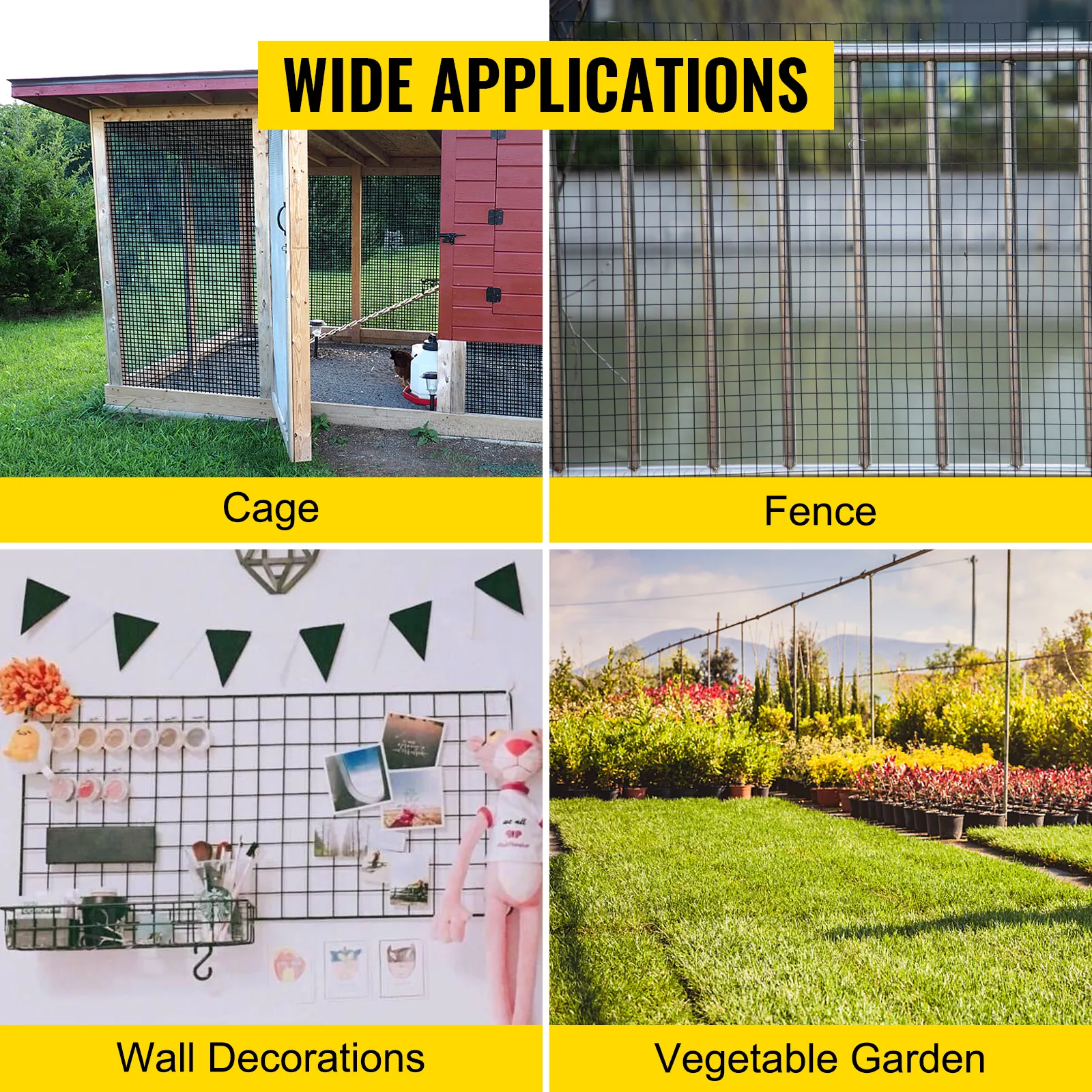 VEVOR hardware cloth used in cage, fence, wall decorations, and vegetable garden.