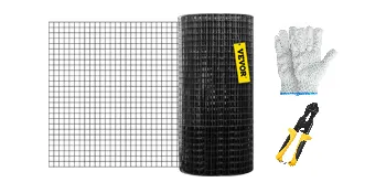 VEVOR hardware cloth roll with cutting pliers and protective gloves.