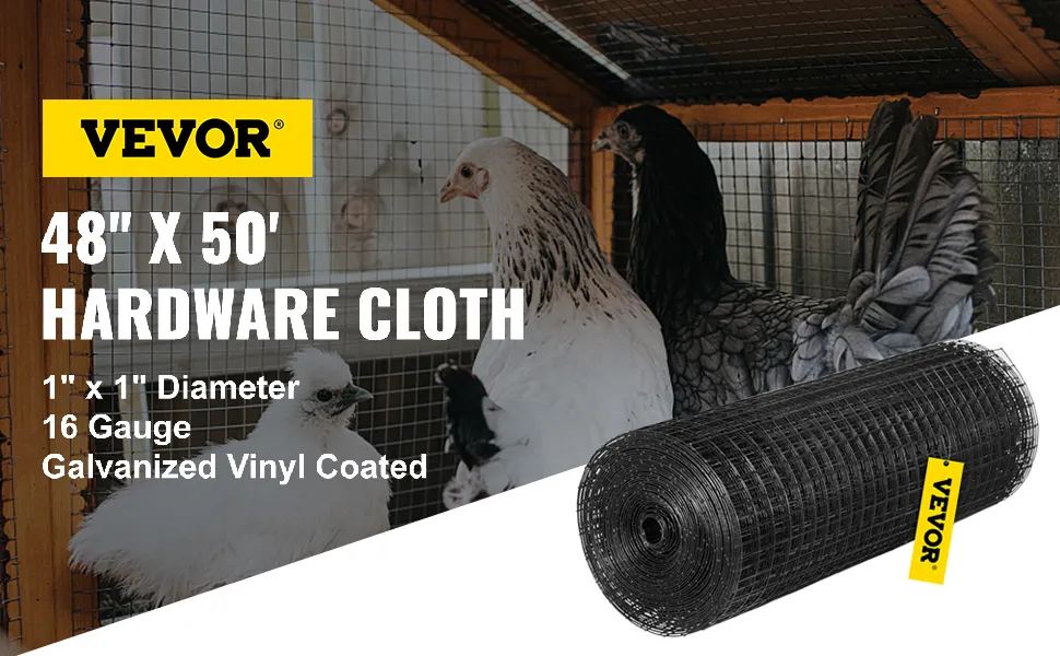 VEVOR hardware cloth 48" x 50' with chickens in coop, 16 gauge galvanized vinyl coated.