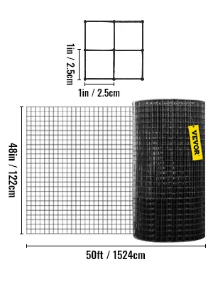 VEVOR hardware cloth roll, 48in by 50ft, with 1in grid squares.