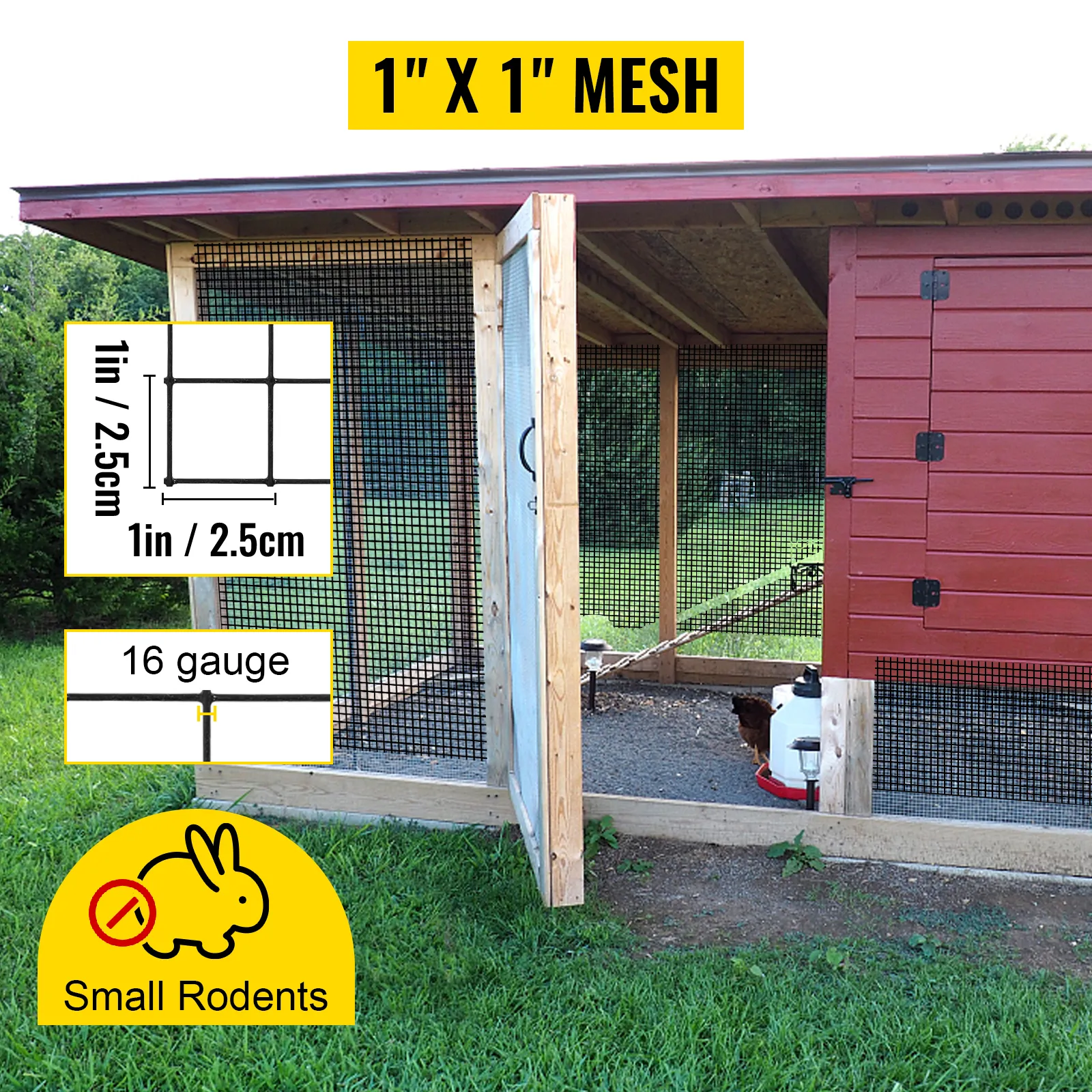 chicken coop with VEVOR hardware cloth 1" x 1" mesh, 16 gauge, preventing small rodents.