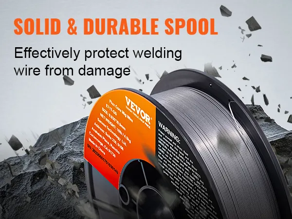 VEVOR mig welding wire spool on rocky background with "solid & durable spool" text.