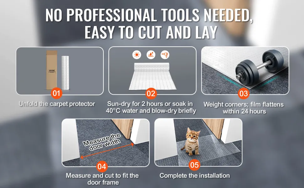 Istruzioni per l'uso della protezione per tappeti VEVOR per animali domestici: aprire, lasciare asciugare al sole, pesare gli angoli, misurare, tagliare, installare.