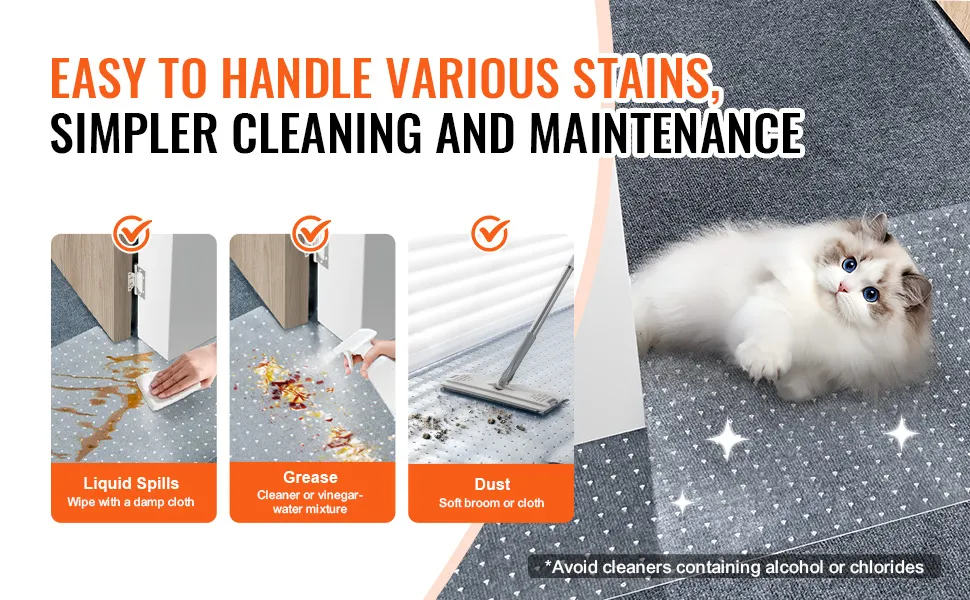 Protezione per tappeti VEVOR per animali domestici, gestisce facilmente macchie, grasso e polvere; gatto sdraiato sul tappeto.