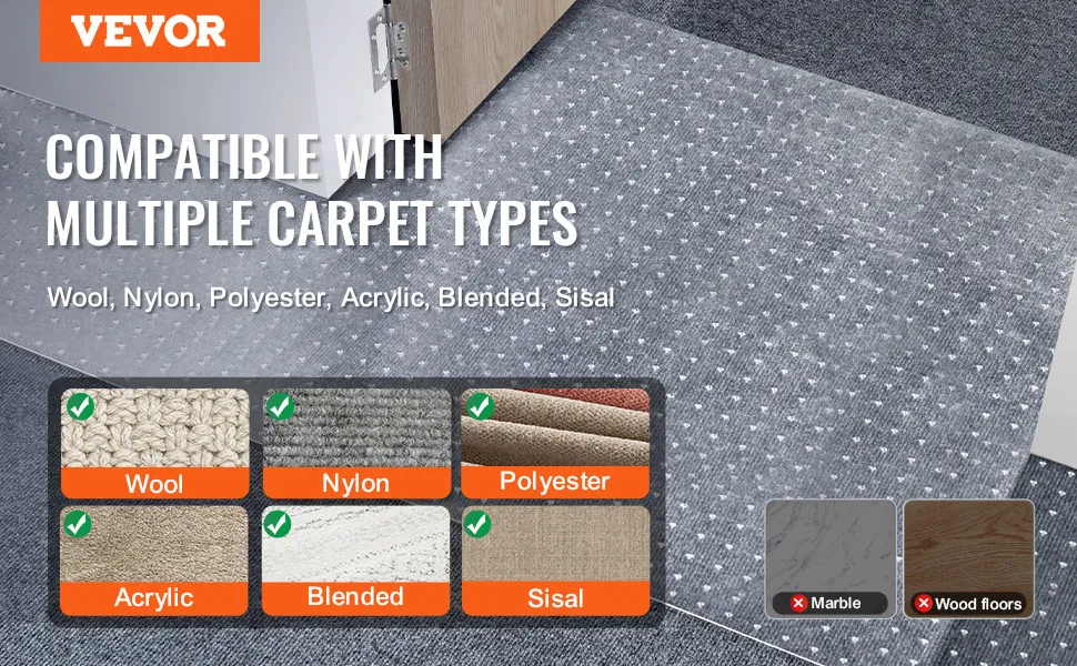 VEVOR carpet protector for pets compatible with wool, nylon, polyester, acrylic, blended, and sisal carpets.