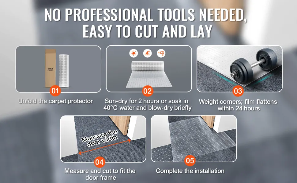 VEVOR carpet protector for pets is easy to install, sun-dry, weight corners, measure, cut, and fit.