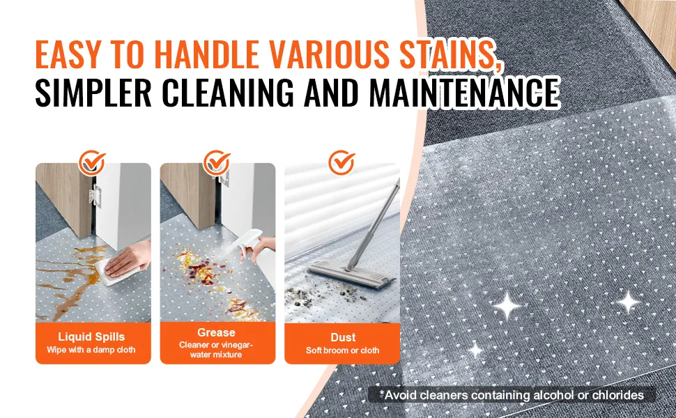 VEVOR carpet protector for pets, showcasing easy cleaning of liquid spills, grease, and dust.