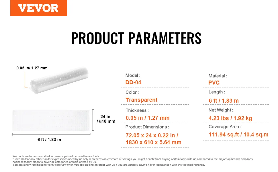 Protezione per tappeti VEVOR in PVC trasparente, lunghezza 1,8 m, spessore 0,05 mm, 1,8 kg, copertura 10,4 m².