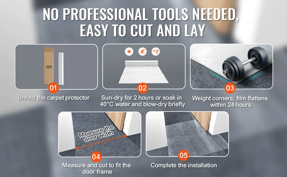 Protezione per tappeti VEVOR: semplici passaggi per l'installazione: disimballare, asciugare, pesare, misurare, tagliare e installare sulla moquette.