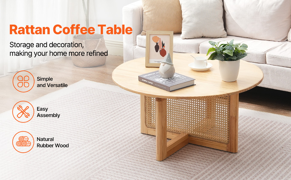 VEVOR Rattan Coffee Table, Round Rattan Woven Wood Mid