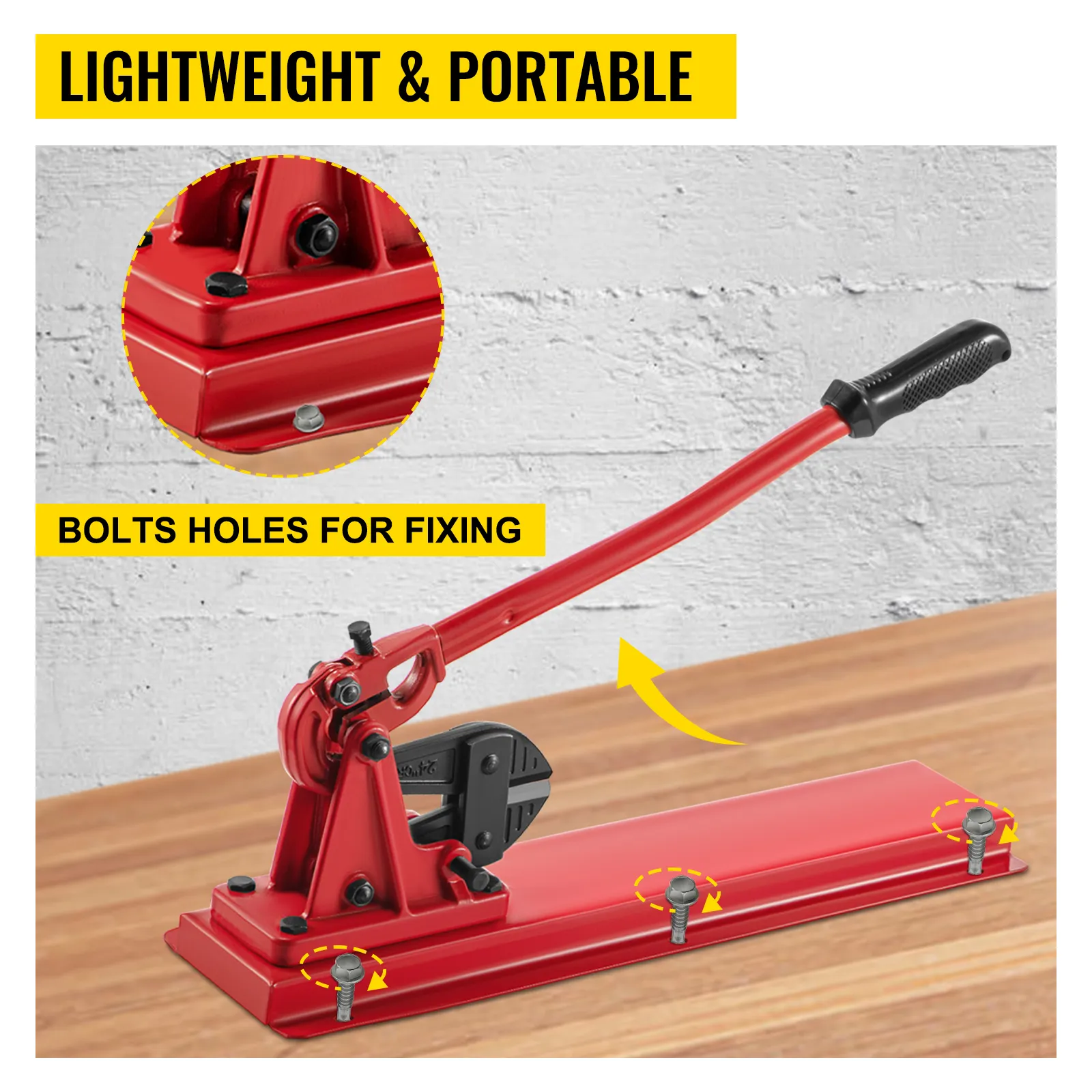 roter VEVOR-Tischmeißel mit Bolzenlöchern, langem Griff und Holzoberfläche.