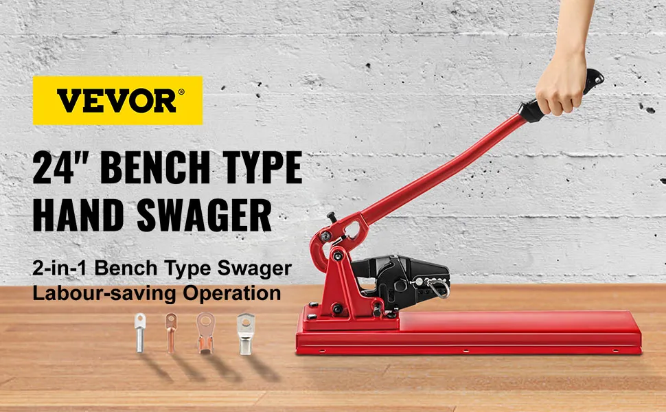 VEVOR bench swager: 24" hand-operated, labour-saving tool on wood surface with fittings.