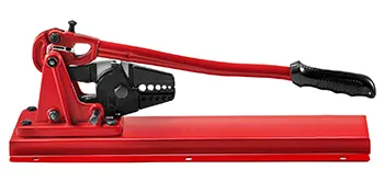 red VEVOR bench swager with a black grip handle and sturdy metal base.