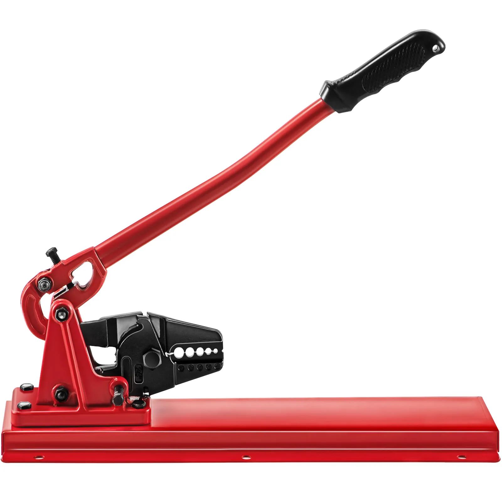 red VEVOR bench swager with a long handle and sturdy base for wire crimping.