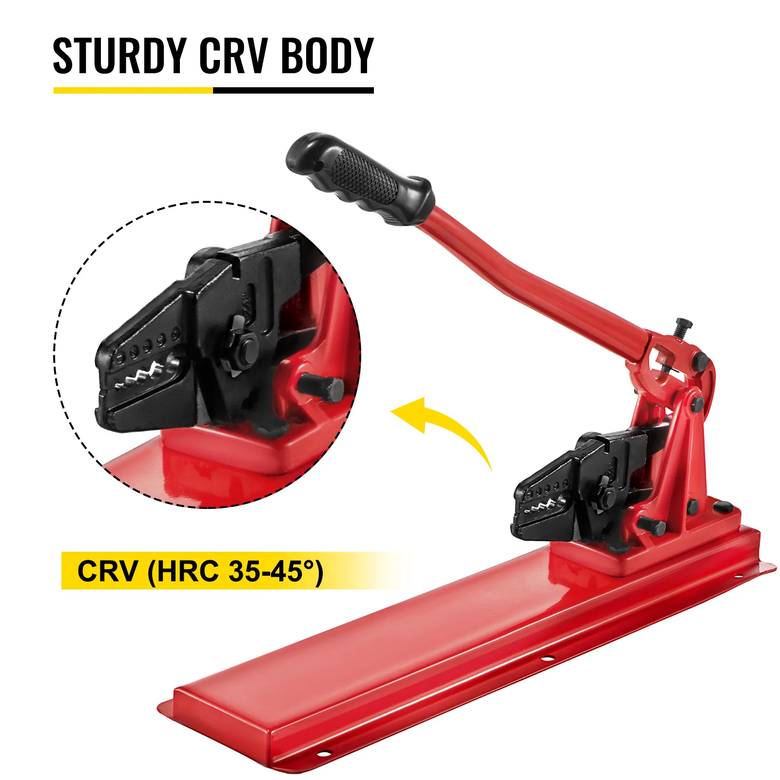 VEVOR bench swager with sturdy crv body, ergonomic handle, and detailed jaw view.