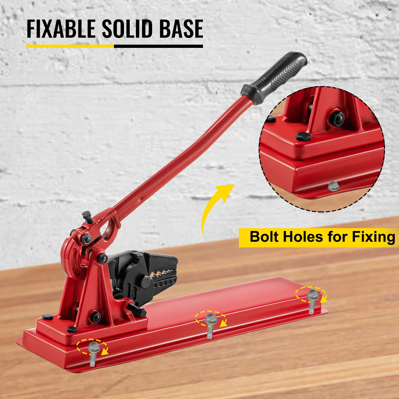 VEVOR bench swager with fixable solid base and bolt holes for secure fixing.