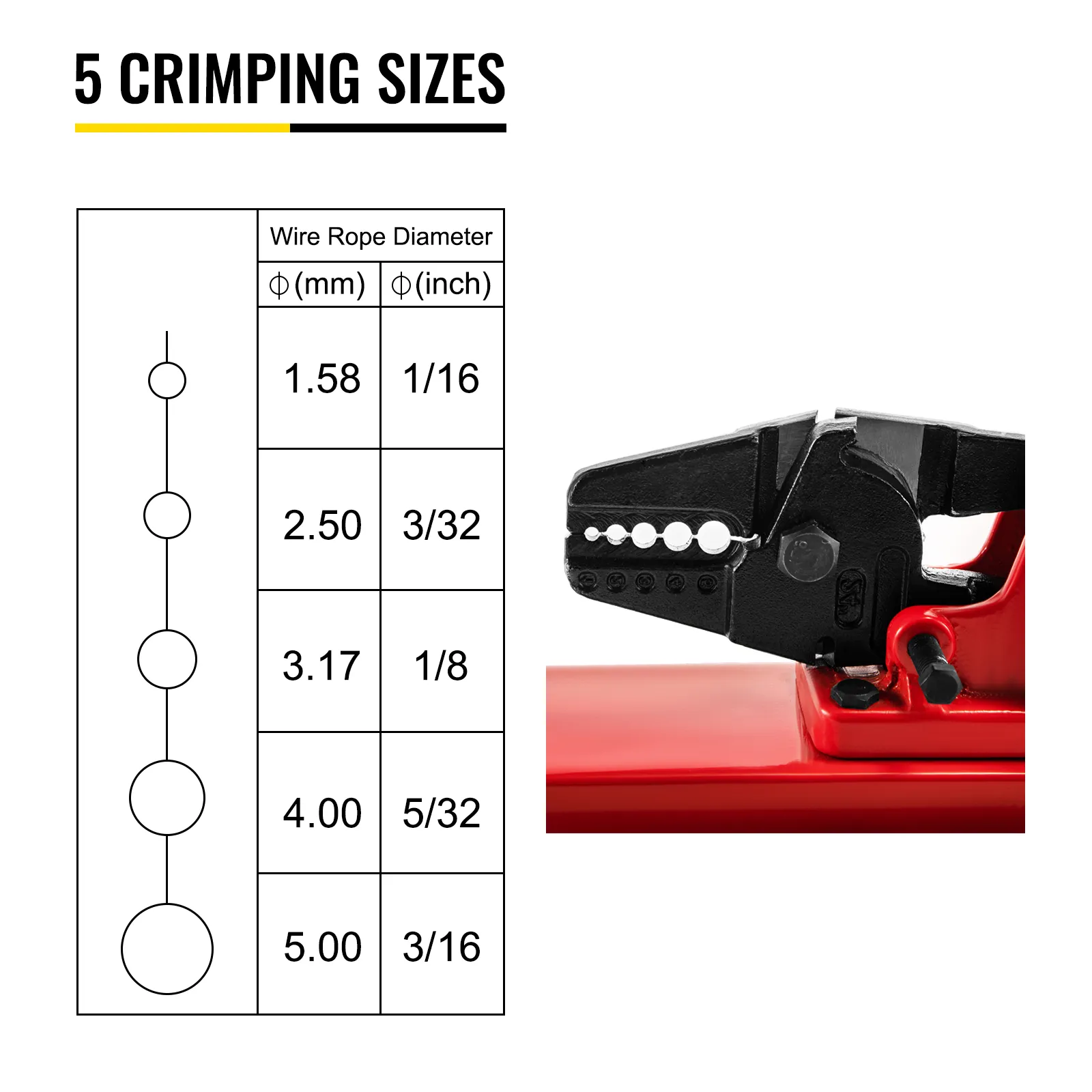 VEVOR bench swager showcasing five crimping sizes with wire rope diameter chart.