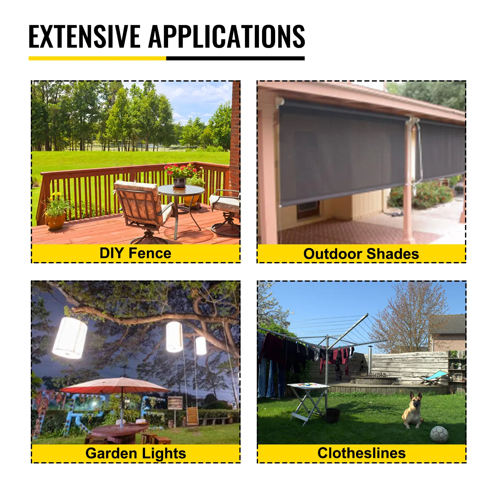 extensive applications for the VEVOR bench swager: diy fence, outdoor shades, garden lights, clotheslines.