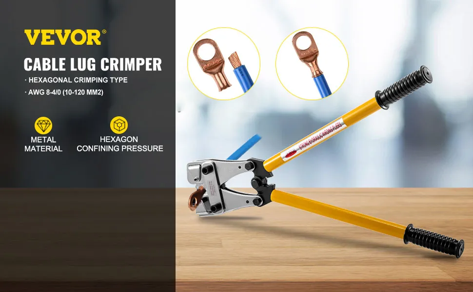 VEVOR battery cable crimper on a table, with lug and cable details highlighted.