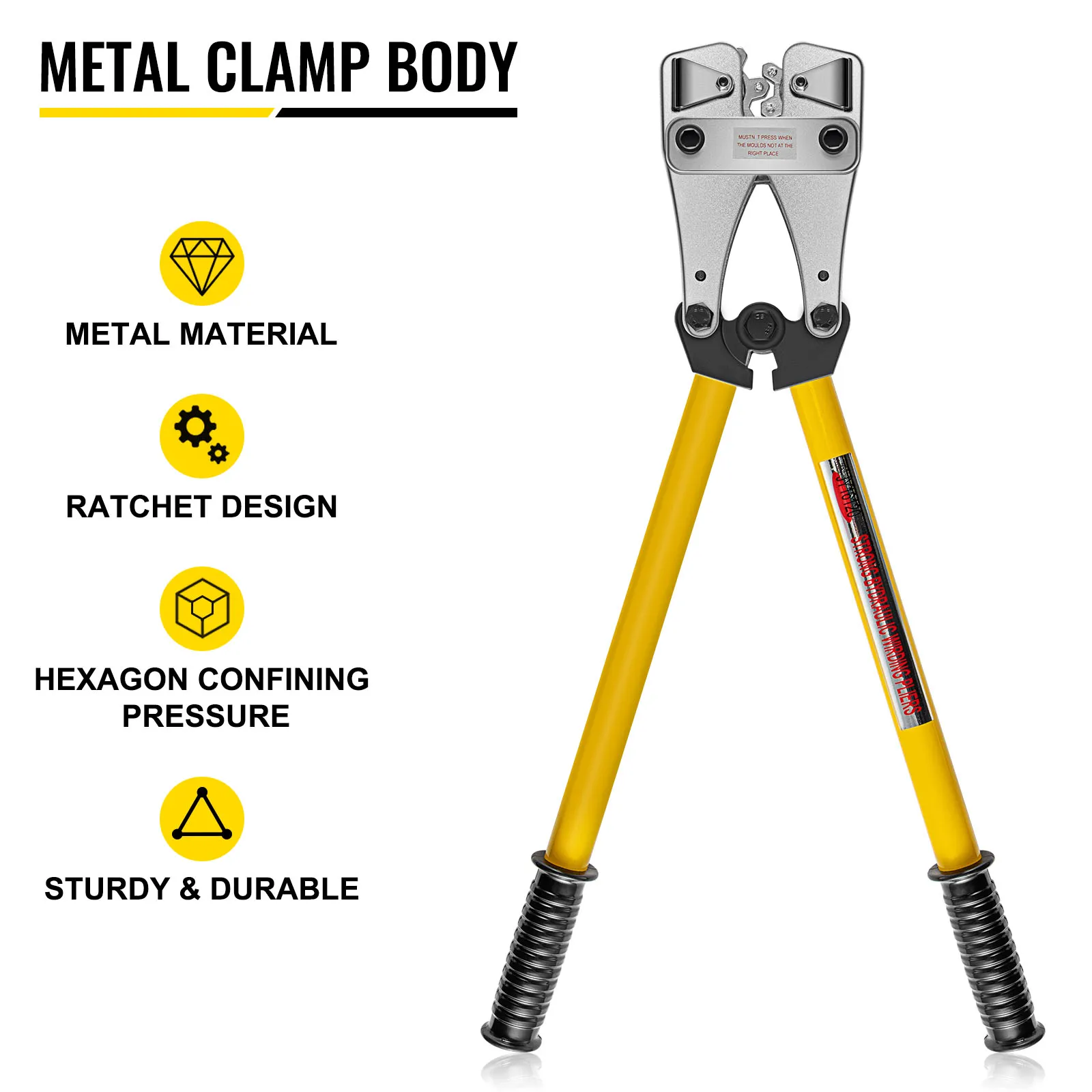 VEVOR battery cable crimper with yellow handles and metal clamp body.