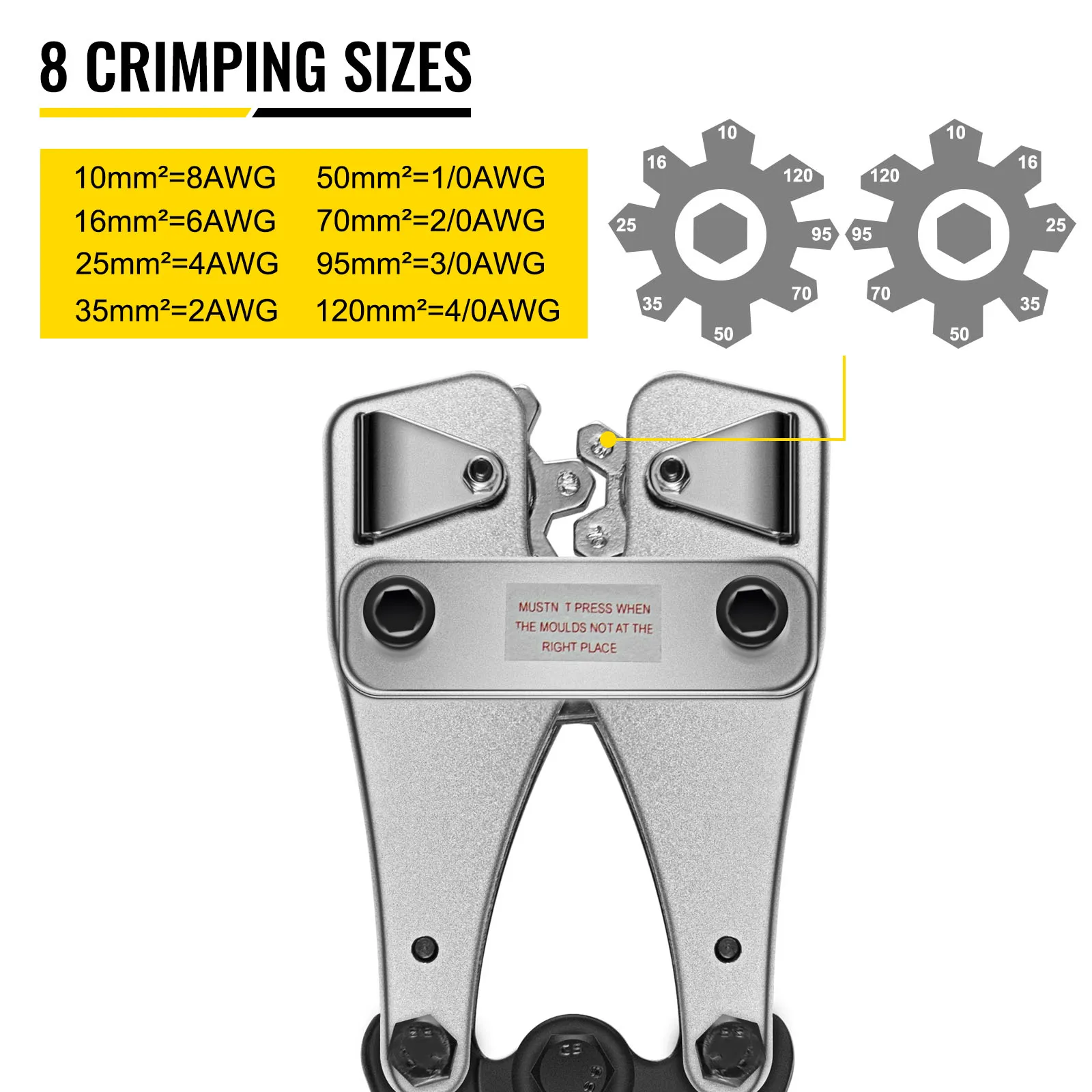 VEVOR battery cable crimper with 8 crimping sizes ranging from 10mm² to 120mm².