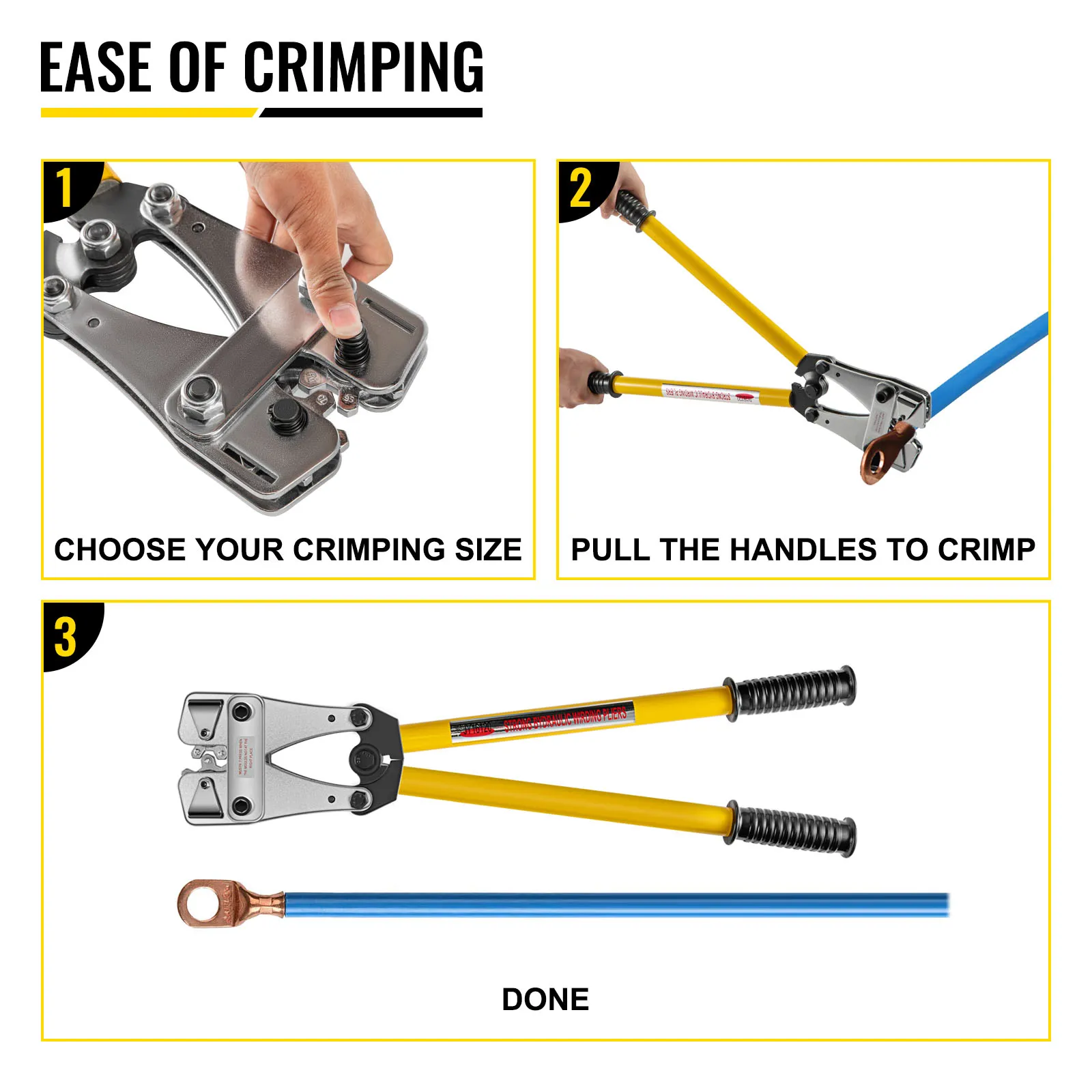 steps to use the VEVOR battery cable crimper: select size, pull handles, finish.