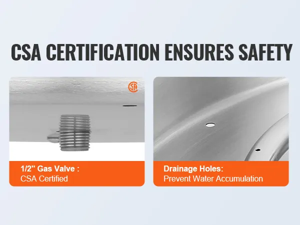 La certificación CSA garantiza la seguridad con una válvula de gas de 1/2" y orificios de drenaje para la bandeja para fogatas VEVOR.