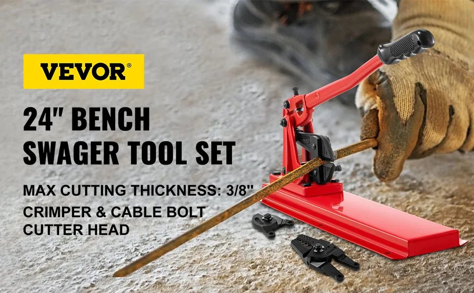 VEVOR bench swager tool set, cutting metal rod with gloved hand, red base.