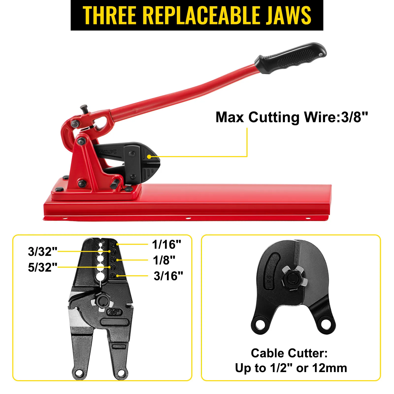 VEVOR bench swager tool with three replaceable jaws and max cutting wire 3/8 inch