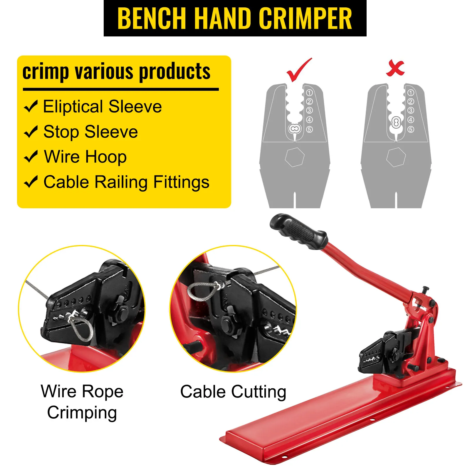 VEVOR bench swager tool for wire rope crimping, cable cutting, and various fittings.