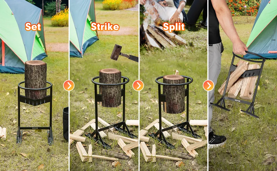 perfect for camping, VEVOR firewood kindling splitter shows easy wood splitting steps: set, strike, and split.