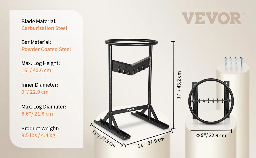 VEVOR firewood kindling splitter with carburation steel blade and powder-coated frame, dimensions noted.