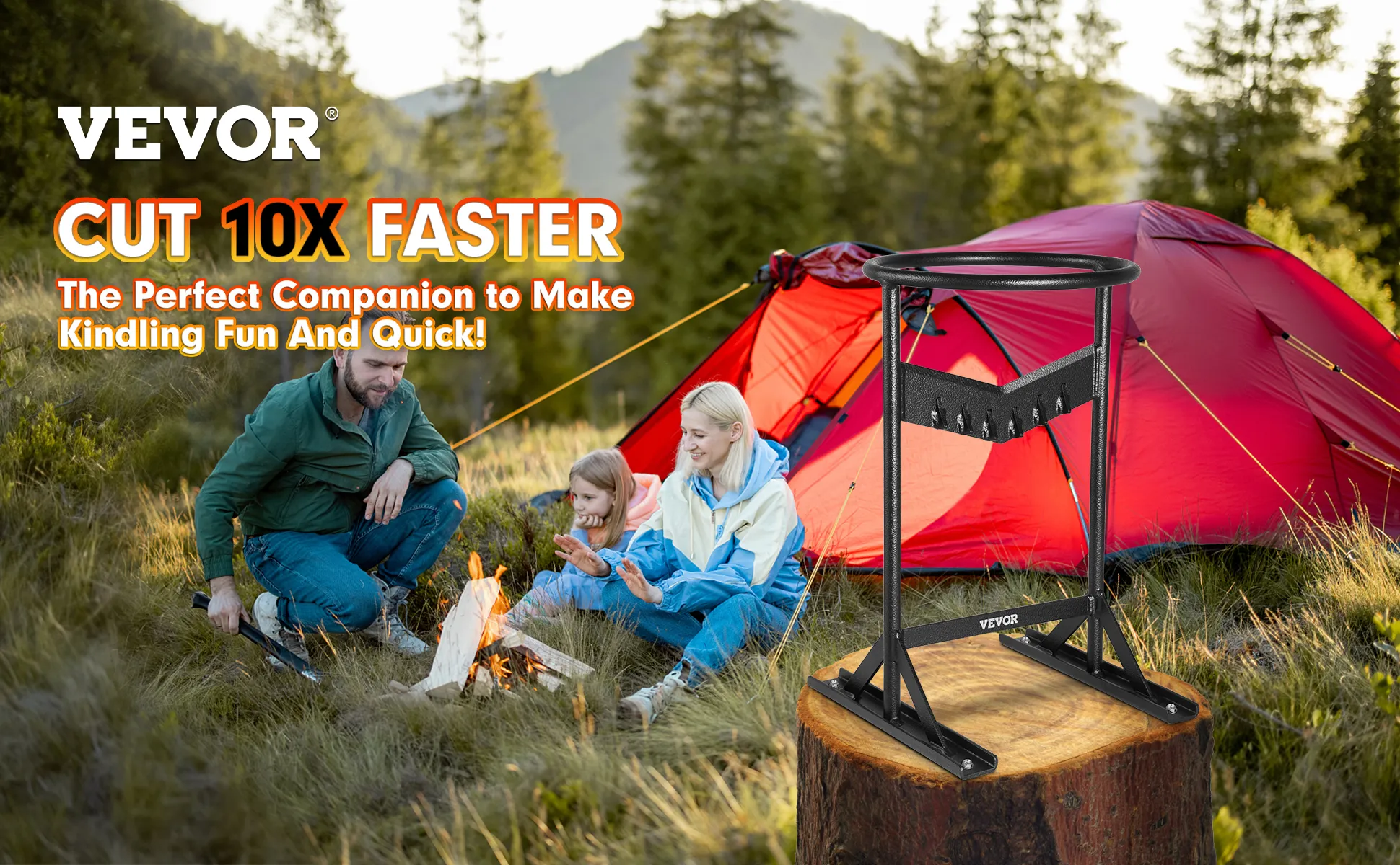 VEVOR log splitter showcased in front of red tent with family camping scene.
