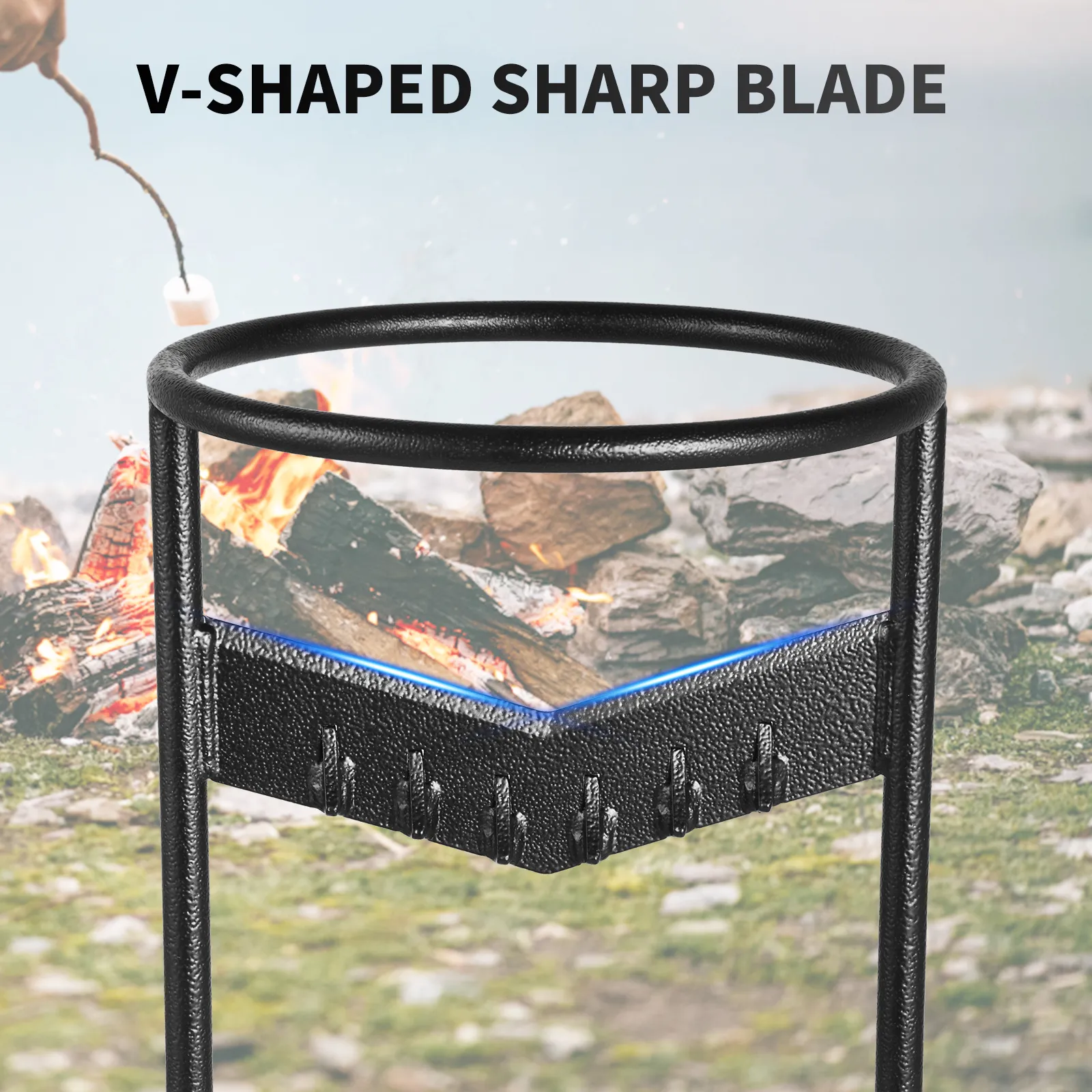 VEVOR firewood kindling splitter with v-shaped sharp blade, campfire in the background.