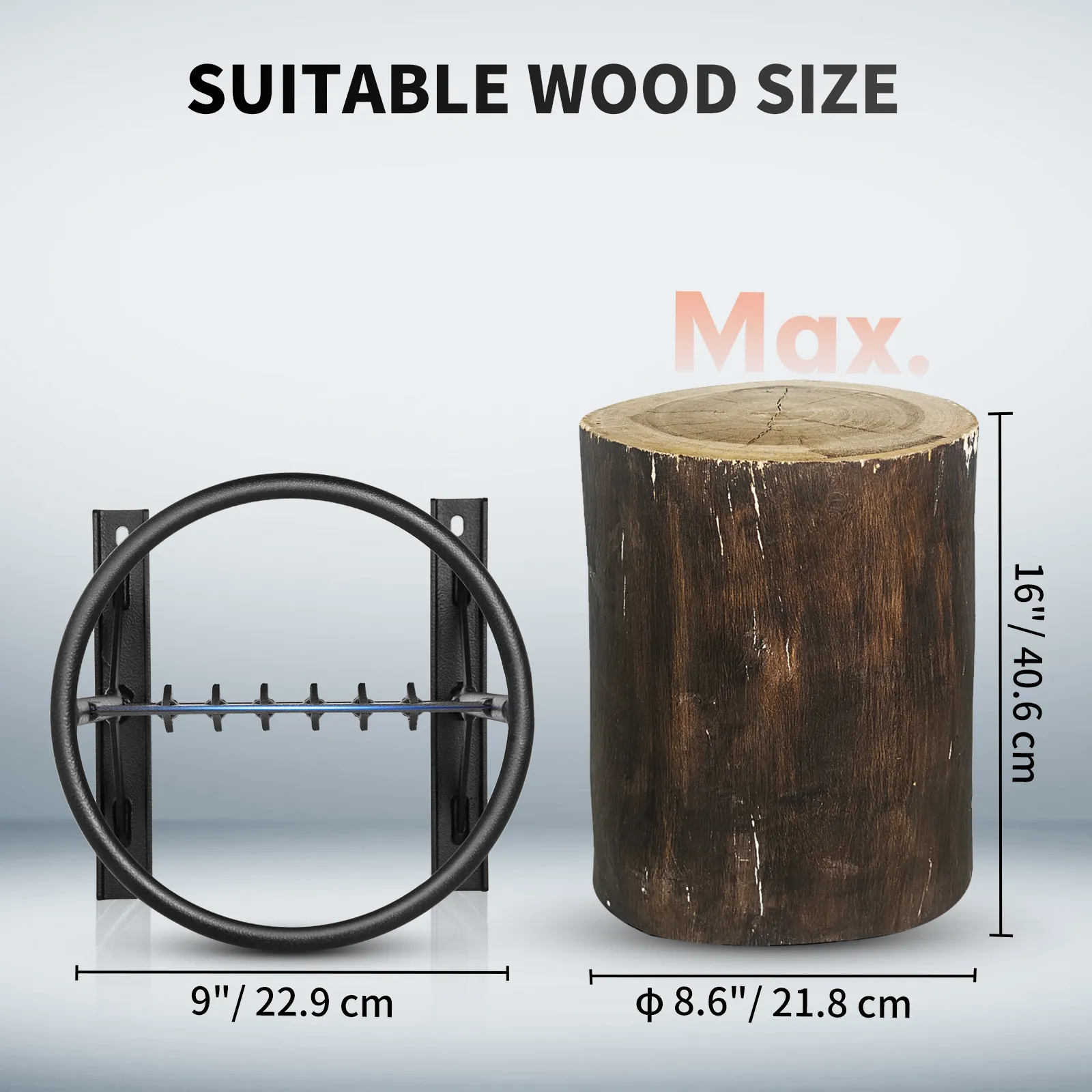 VEVOR firewood kindling splitter with dimensions for suitable wood size next to a log.