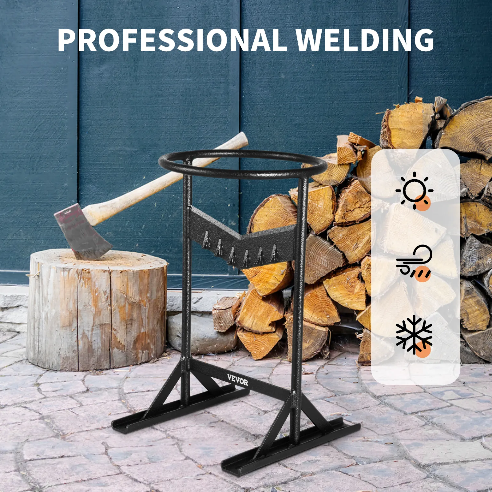 VEVOR firewood kindling splitter with axe and stacked firewood background, highlighting professional welding.
