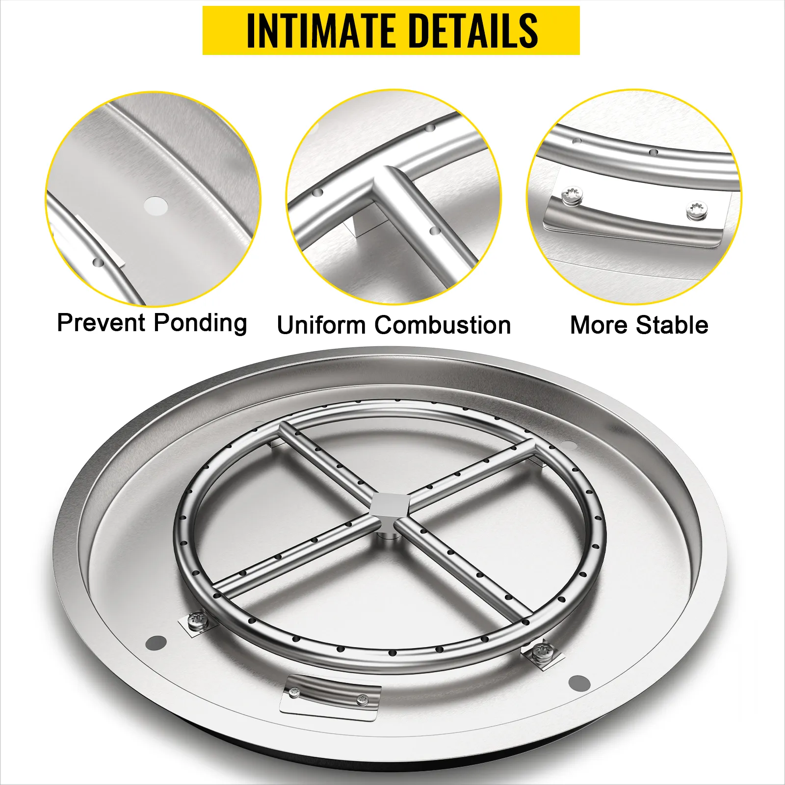 VEVOR fire pit burner with round stainless steel design, prevents ponding and ensures stability.