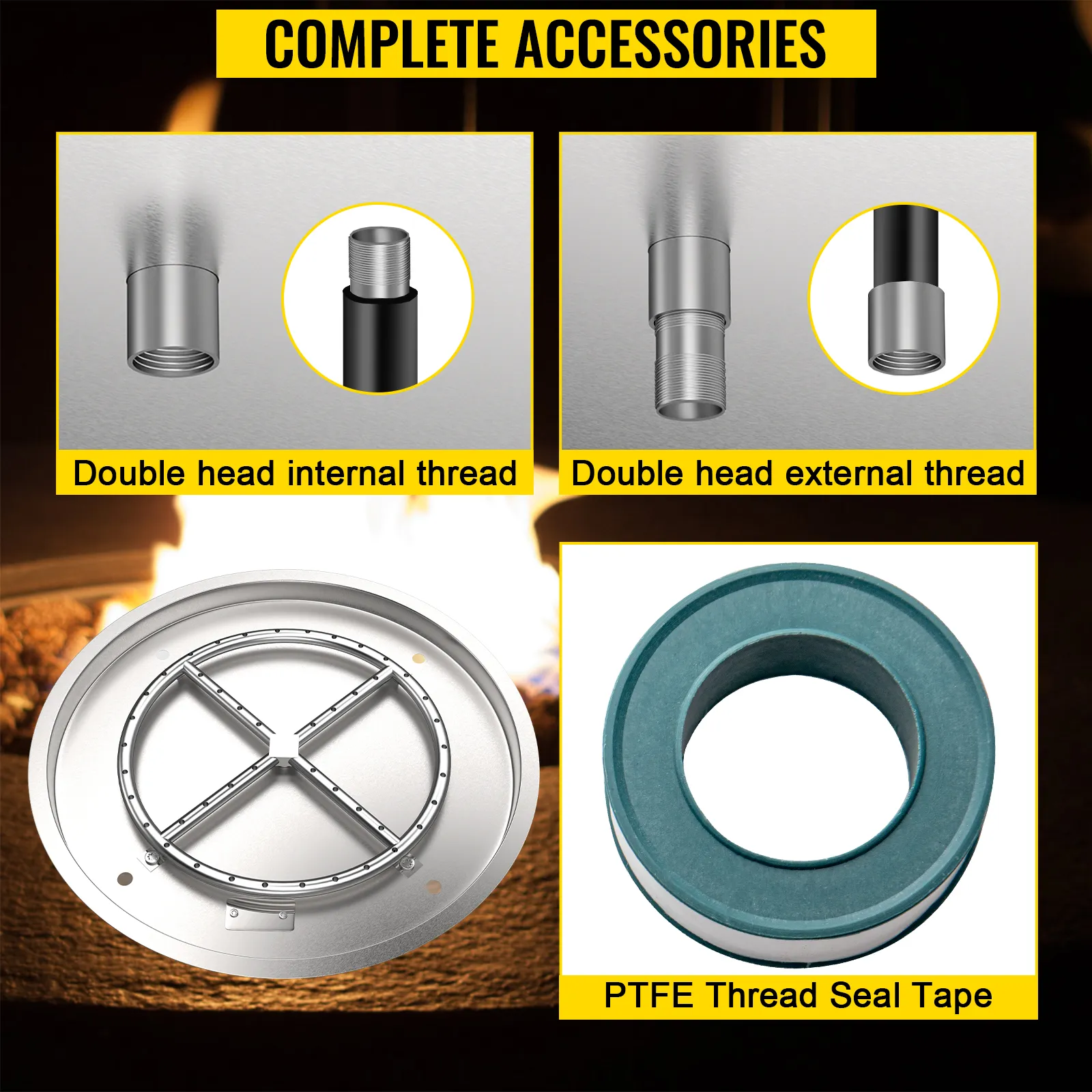 complete accessories for VEVOR fire pit burner with threaded double heads and ptfe tape.