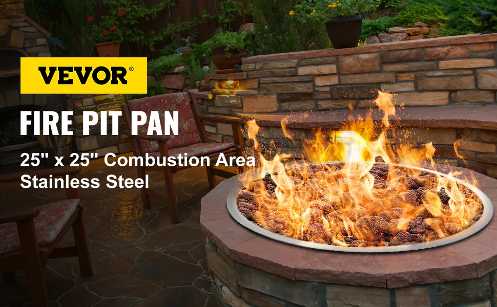 VEVOR fire pit pan in landscaped patio with stone benches and chairs.