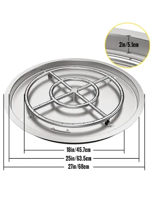 VEVOR fire pit pan with stainless steel circular design, dimensions shown.