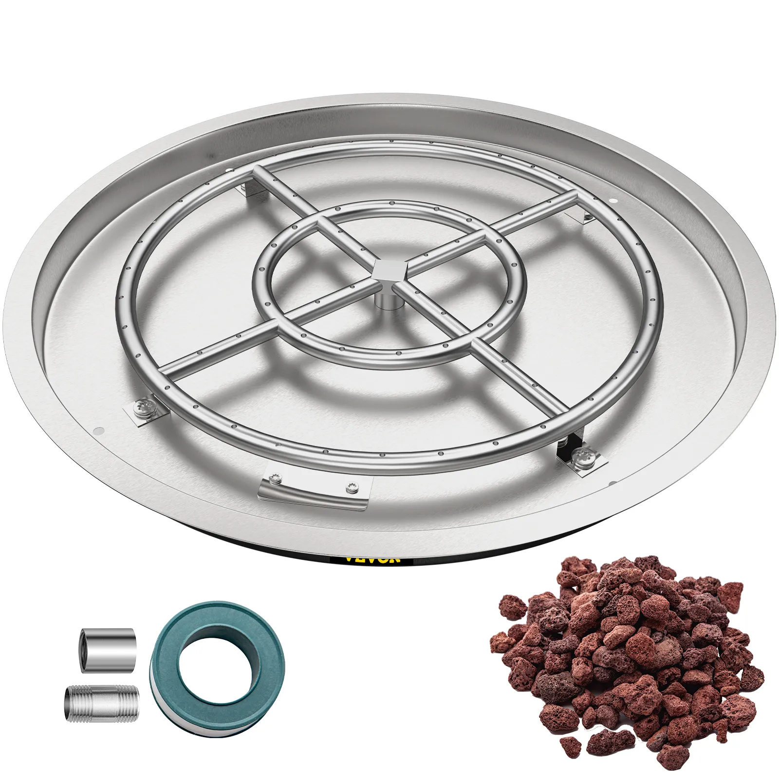 VEVOR fire pit pan with included gas connection accessories and lava rocks.