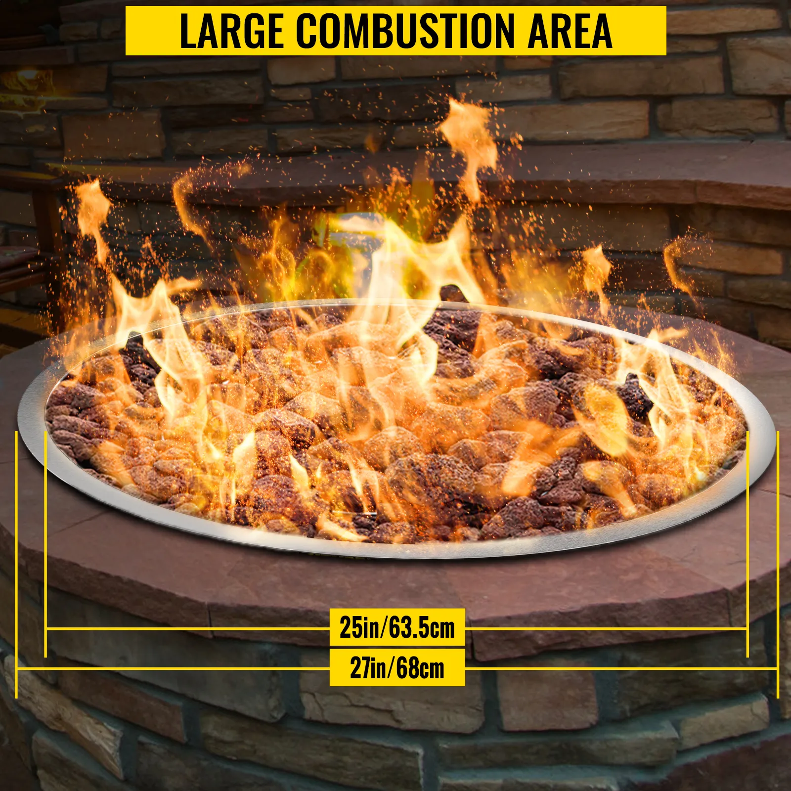 VEVOR fire pit pan with large combustion area, 25in/63.5cm by 27in/68cm.