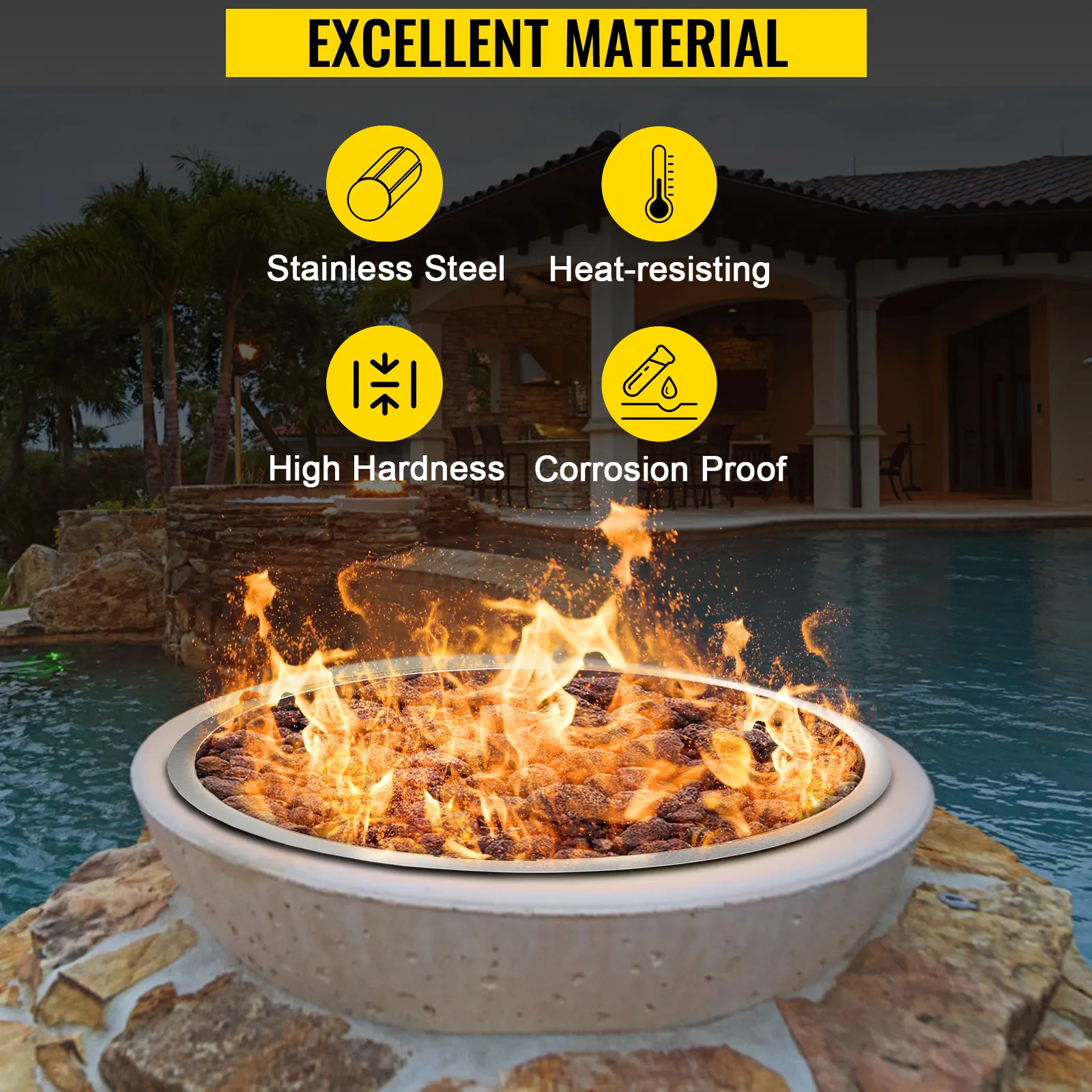 VEVOR fire pit pan by a pool showcasing high hardness, heat-resisting stainless steel.